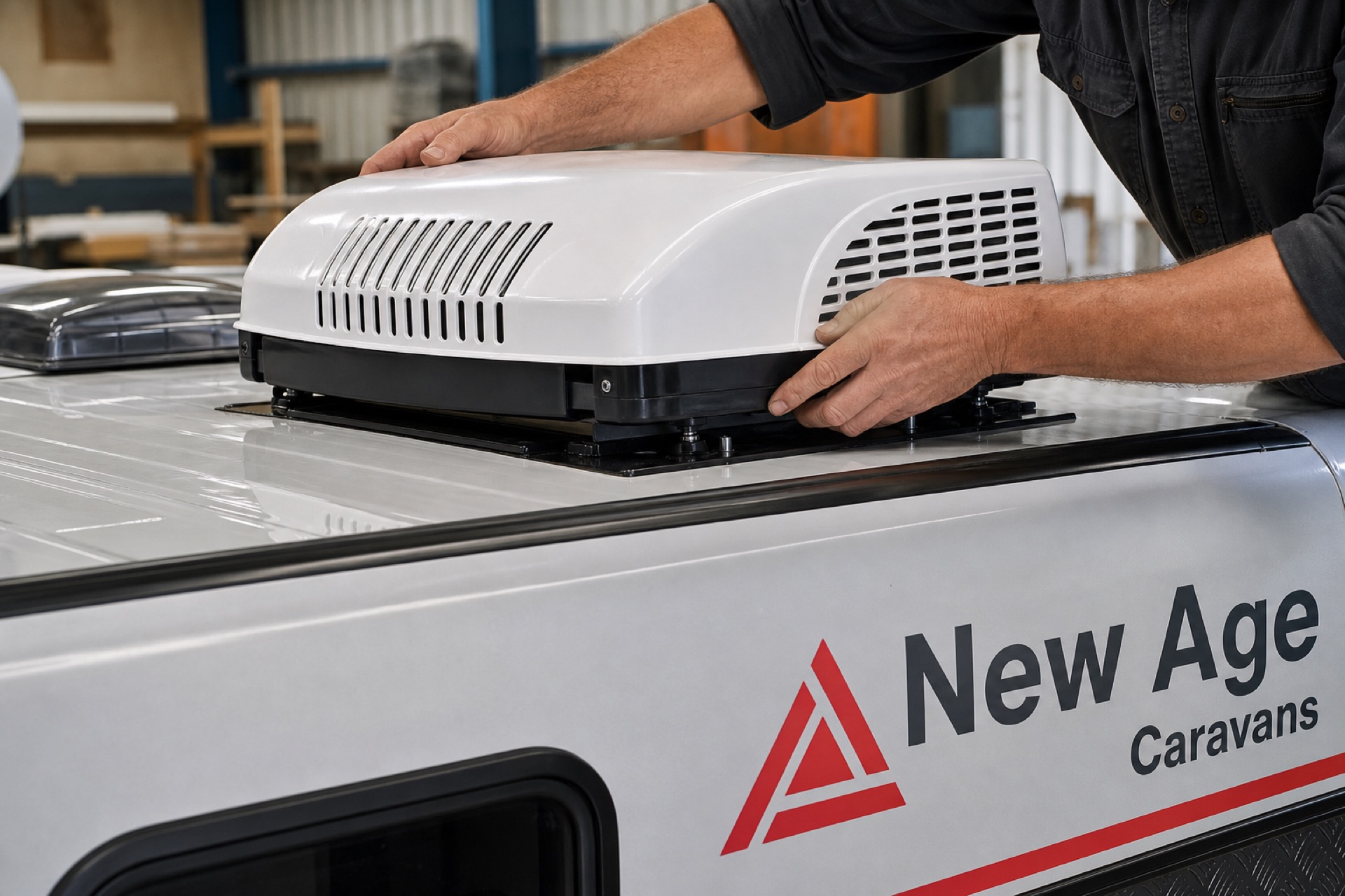 Technician hands installing caravan roof air conditioner