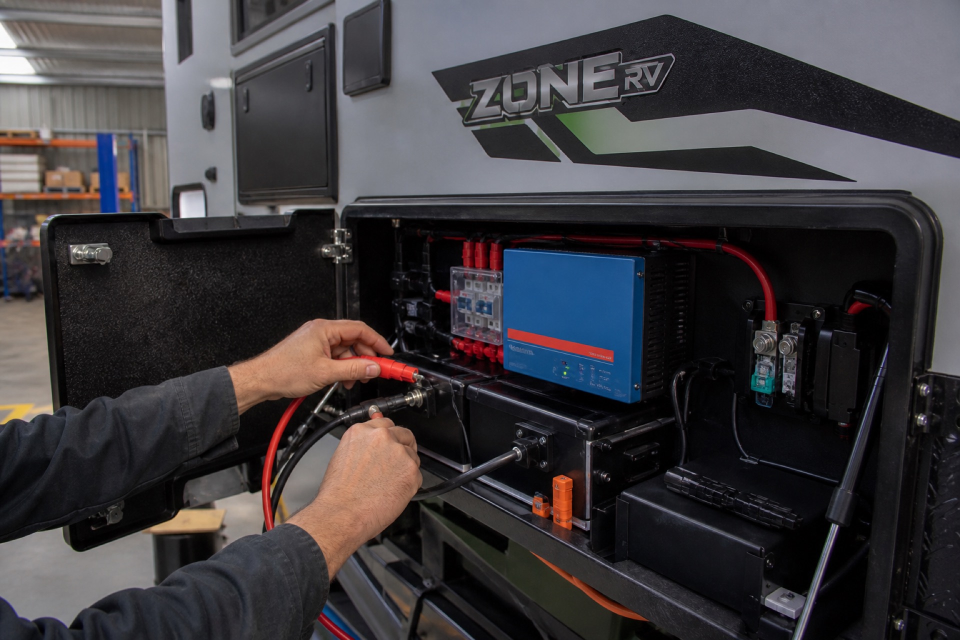Technician hands checking batteries for off-grid air conditioning