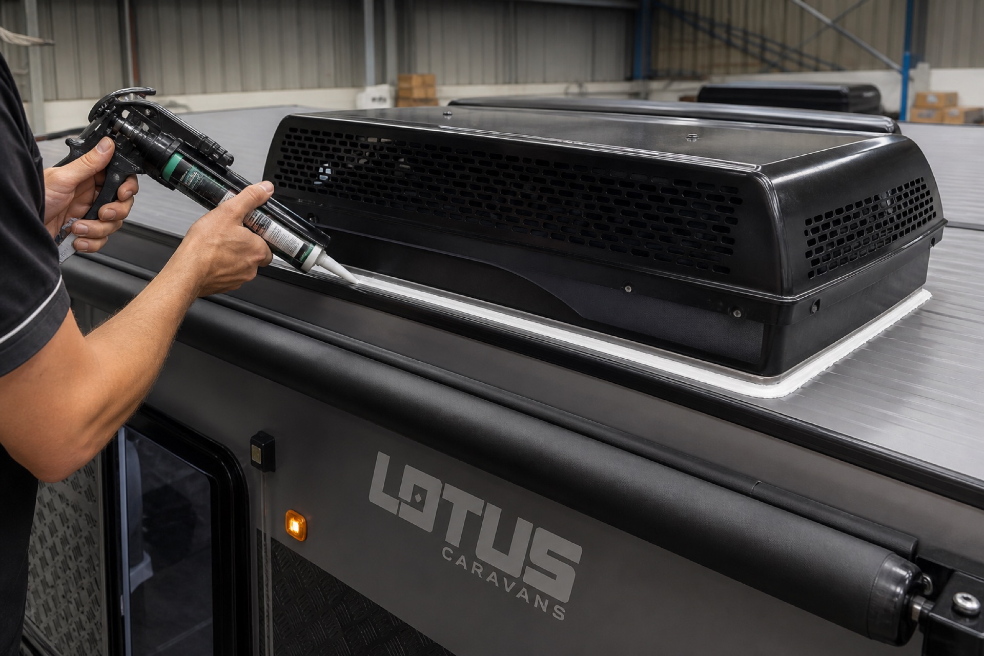 Technician hands sealing caravan roof air conditioner