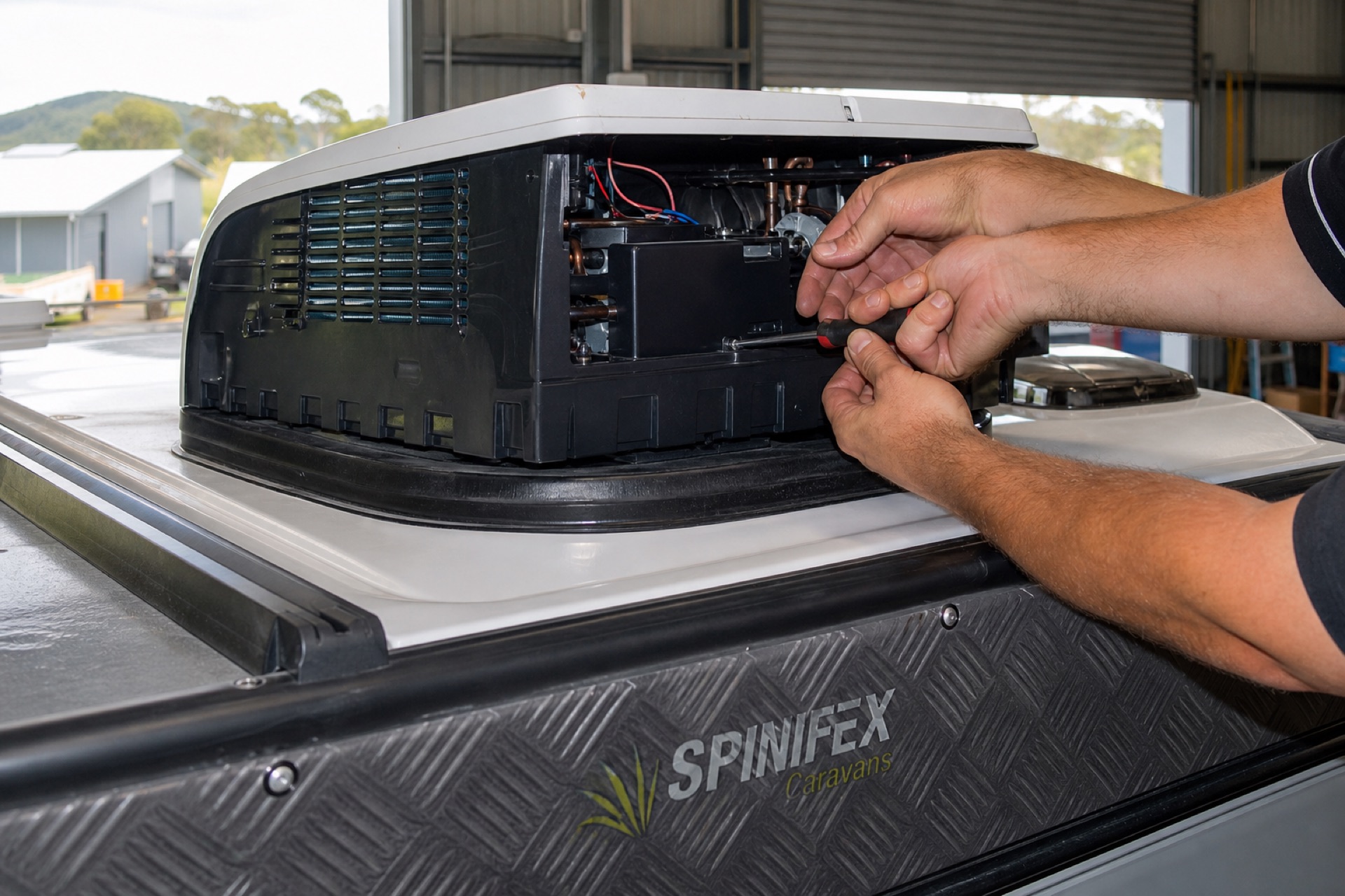Technician hands servicing caravan air conditioner