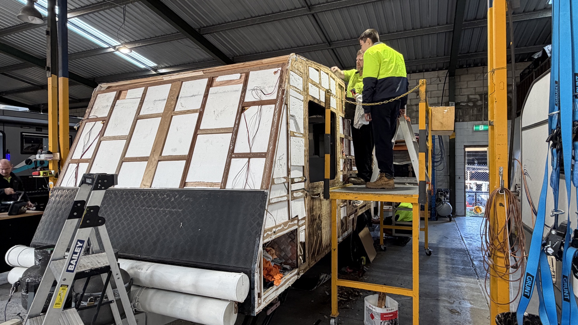 Caravan front-right angle during structural strip-back