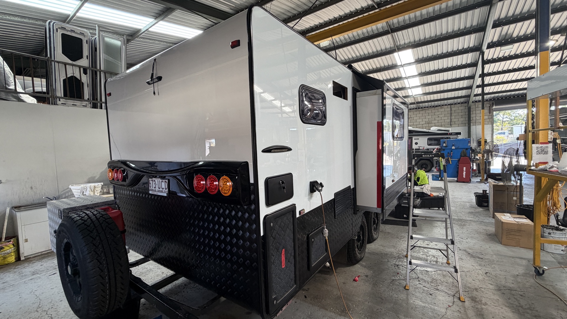 Caravan rear completed with new cladding and lighting