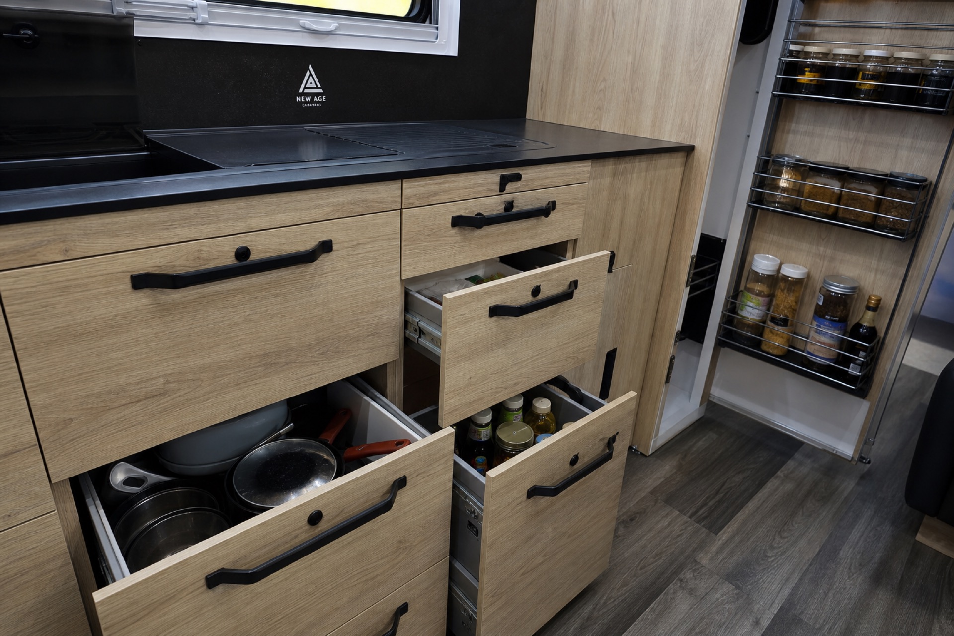 Custom caravan storage and pantry fitout