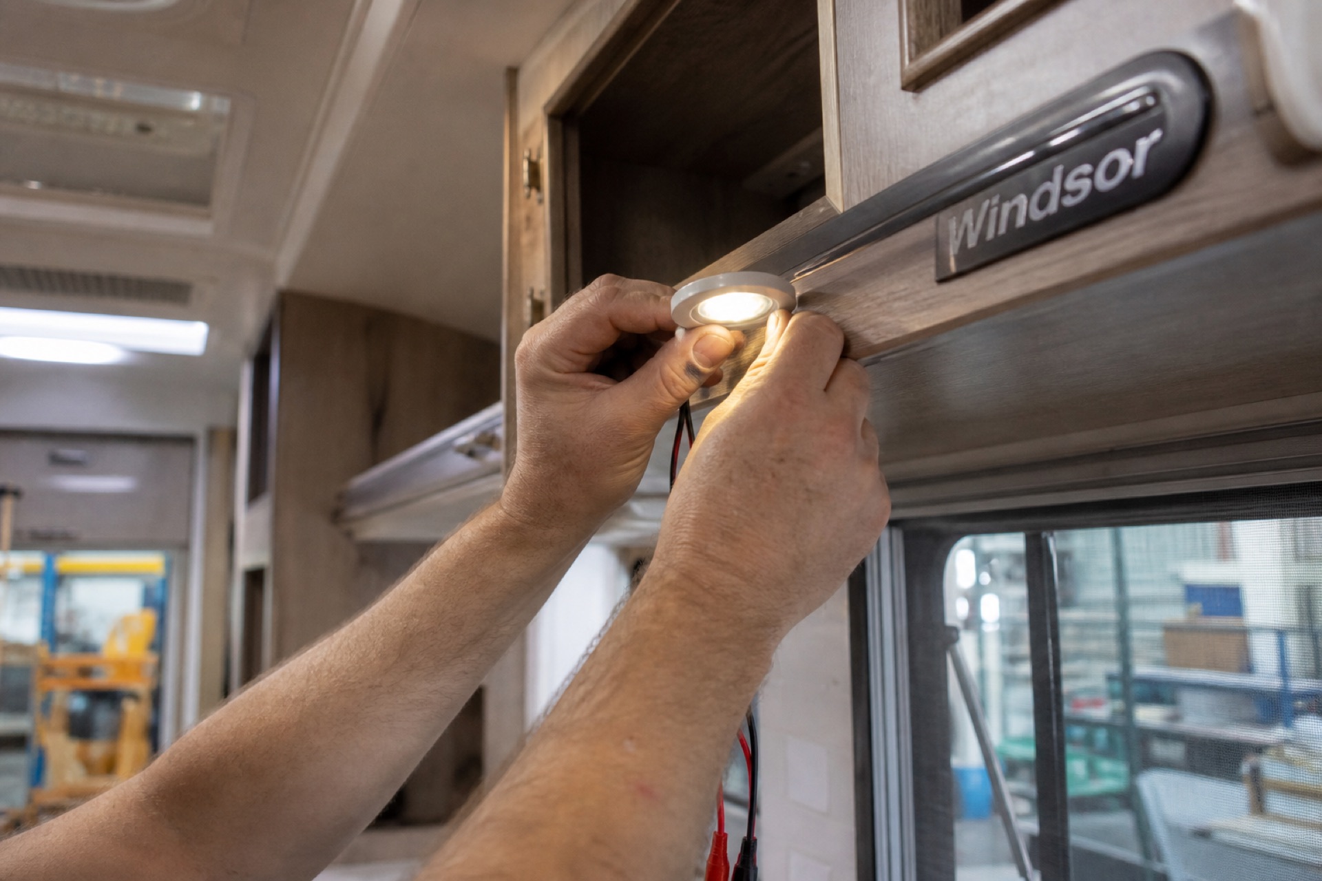 Interior caravan cabinetry and lighting modifications