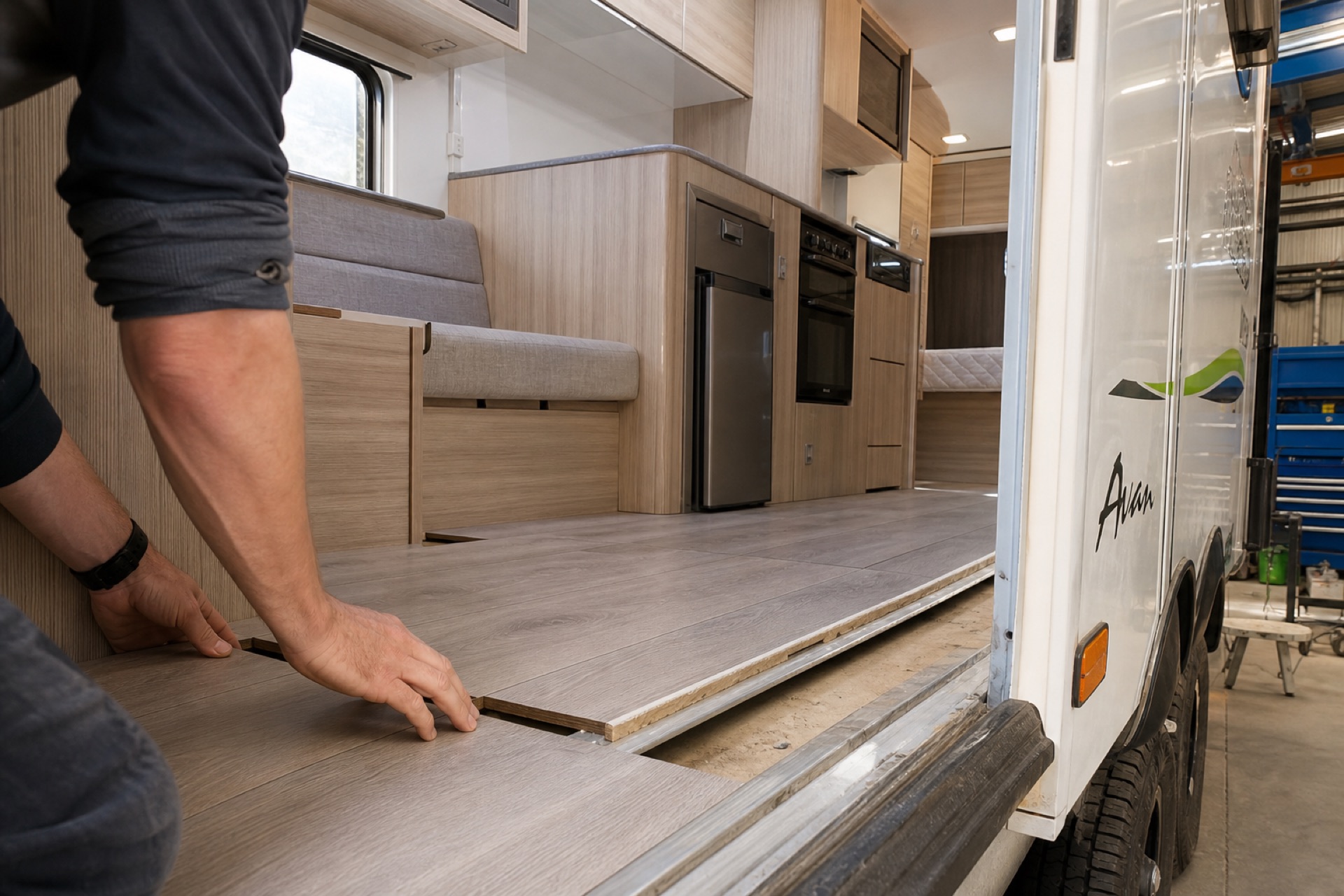 Interior caravan renovation cabinetry and lighting